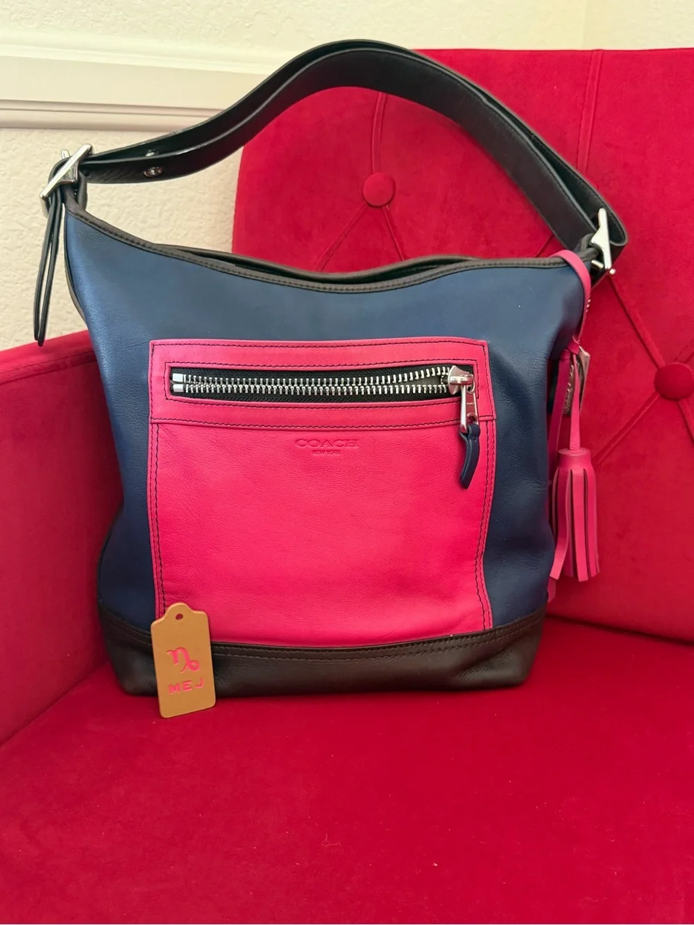 Coach Colorblock Leather Hobo in Hot Pink, Navy & Brown